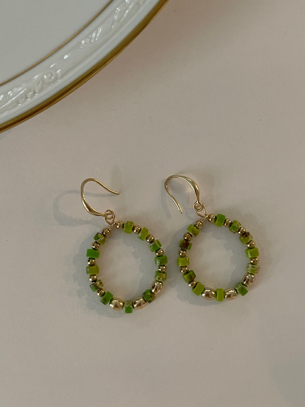 Green and Gold Beaded Earrings